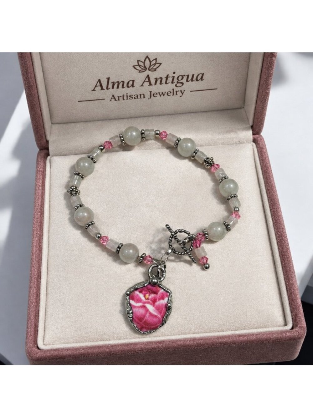 Vintage Pink Rose Quartz Bracelet Broken China Charm Cabochon
